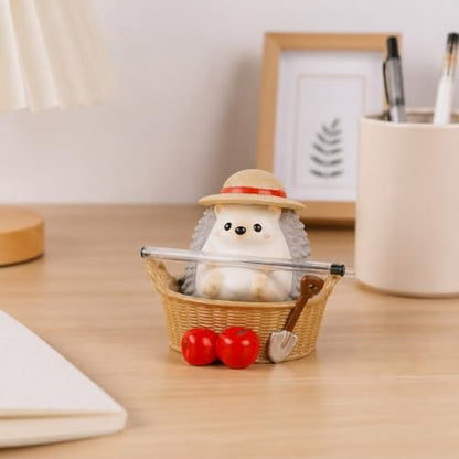 Light Gray Hedgehog Pen Holder, Cute Resin Basket Desk Decor