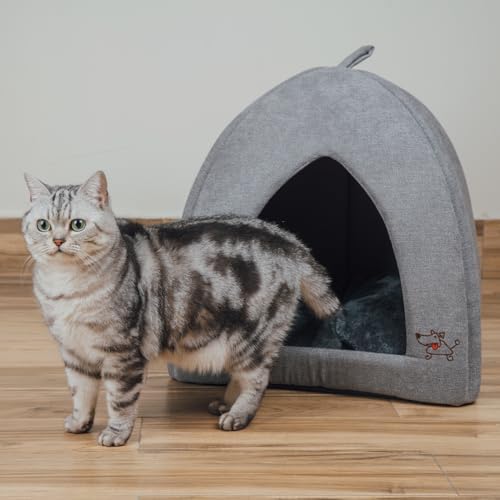 Best Pet Supplies Cat Bed for Indoor Cat, Domed Tent House with Removable Pillow, Covered Cat Cave for Small Dog, Puppies and All Breeds of Cats - Gray, 16 x 16 x H:16"