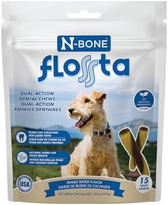 N-Bone FLOSSta Daily Dental Sticks for Dogs, SQF Certified, Natural Dog Dental Treats to Freshen Breath, Peanut Butter Flavor, 15 ct. Pouch (12oz)