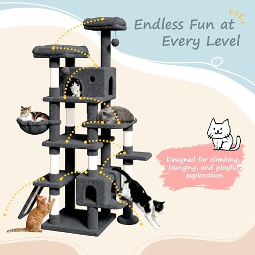 SHA CERLIN 82 inch, Multi-Level Cat Tree Tower for Indoor Cats, Cat Condo with Sisal Scratching Posts, Plush Perches, Hammocks, Toy Balls, Dark Grey
