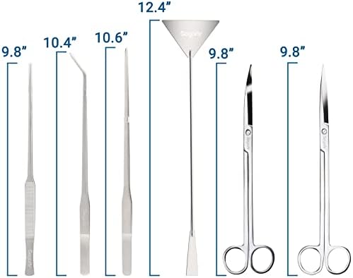 Segarty Aquarium Aquascaping Tools, 6 in 1 Stainless Steel Silver Aquascaping Tools Kit for Aquatic Plant Fish Tank, Long Scrapers Spatula Feeding Tweezers Curved Straight Scissors Aquarium Tools