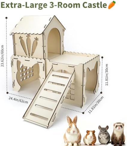 Rypet Extra Large Wooden Rabbit Castle, Bunny House Hideout with Stairs