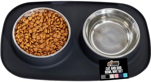 GORILLA GRIP Dog Bowl Set with Feeding Mat, 304 Stainless Steel 4 Cup Black