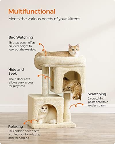 Feandrea Cat Tree, 26.4-Inch Small Cat Tower, Cute Plush Condo, Beige