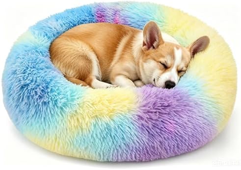 Calming Donut Dog and Cat Bed for Indoor Cats, Anti-Anxiety Round Fluffy Soft Washable Small Pet Bed for Puppy and Kitten, Warming Comfortable Luxury Anti-Slip Waterproof Mute Base 20in Rainbow
