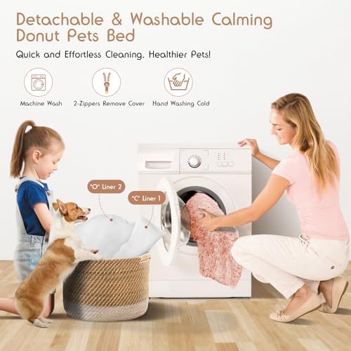 Calming Donut Dog Bed Medium Size Removable Cover + 2 PCS Cooling Rattan Pet Mat, Fluffy Comfort Anti-Anxiety Washable Round Pets Bed with Double-Sided Cool Pad for Medium Dogs/Cat, 31" Pink