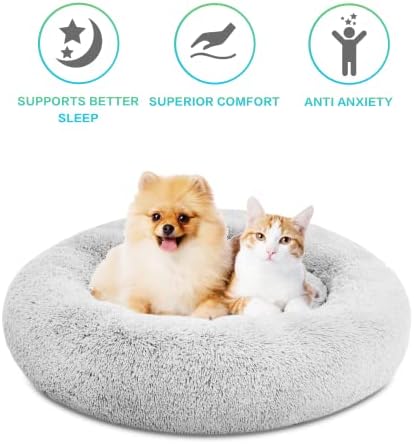 SAVFOX 45 inches Calming Donut Dog Bed - 3X Durable Plush Faux Fur, Machine Washable & Non-Slip, Fits up to 150 lbs, Light Grey