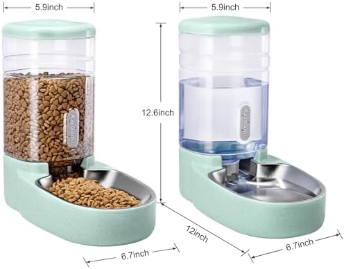 Automatic Cat Feeder and Water Dispenser with Stainless Steel Bowl Gravity Food Feeder and Waterer Set for Small Medium Dog Puppy Kitten 1 Gallon x 2(Green)