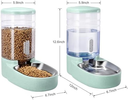 Automatic Cat Feeder and Water Dispenser with Stainless Steel Bowl Gravity Food Feeder and Waterer Set for Small Medium Dog Puppy Kitten 1 Gallon x 2(Green)