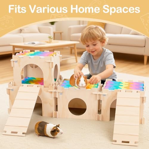 Unicorn Catcher 4 Pack Wooden Guinea Pig Hideout House with Stairs & Mats