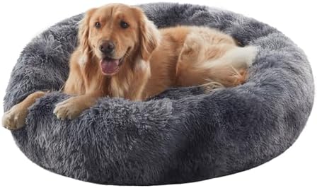 36 in Faux Fur Fluffy Donut Dog Bed for Large Dogs,Tie-dye Grey