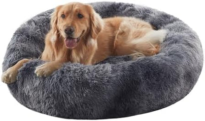 36 in Faux Fur Fluffy Donut Dog Bed for Large Dogs,Tie-dye Grey
