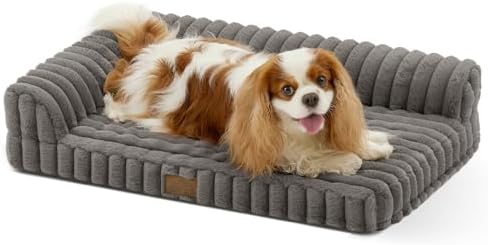 COZY KISS Faux Rabbit Fur Small Dog Bed – 30"x20" Orthopedic Foam Couch with Sides, Removable Washable Cover & Waterproof Lining, Grey