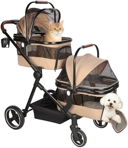 Foldable Double Pet Stroller for 2 Small Medium Cats Dogs