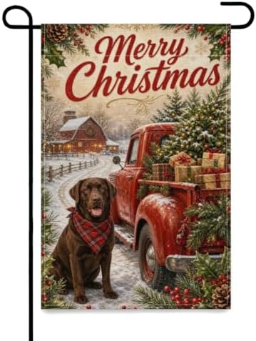 Christmas Labrador Garden Flag 12x18 Inch Merry Holiday Chocolate Dog Red Truck Tree Gifts Snowy Barn Rustic Farmhouse Outdoor Yard Lawn Porch Double Sided Banner Welcome Decor