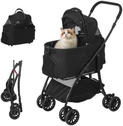 Pet Stroller Quickly Folds for Easy Storage Cat Stroller with Detachable Carrier Thickened Oxford Cloth Breathable Basket Dog Strollers for Small Dogs (Black)