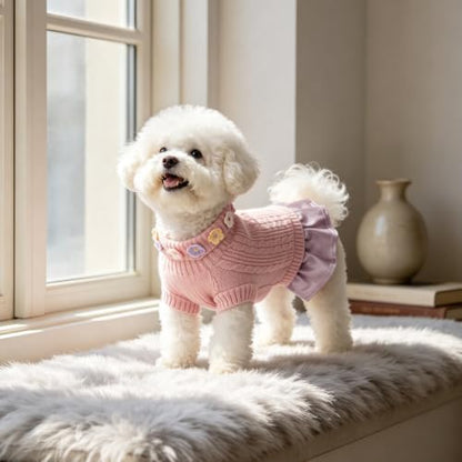 YUDODO Small Dog Sweater Dress with Bowtie Turtleneck - Knitted Pet Clothes