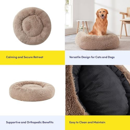 Dog & Cat Bed: Round Faux Fur Pet Bed - Plush, Cozy, & Calming Donut Bed for Medium Pets - Soft & Comfortable Sleeping Cushion for Napping & Lounging, 23" Round, Taupe