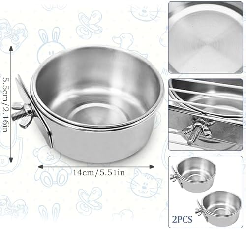 PINVNBY 2PCS Parrot Feeding Cups Birds Food Dish Stainless Steel Parrot Feeders Water Cage Bowls with Clamp Holder for Cockatiel Conure Parakeet Macaw Small Animal (Size: L)