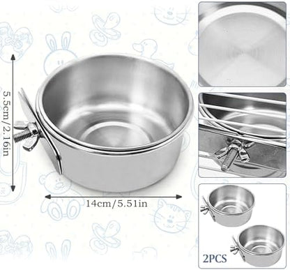 PINVNBY 2PCS Parrot Feeding Cups Birds Food Dish Stainless Steel Parrot Feeders Water Cage Bowls with Clamp Holder for Cockatiel Conure Parakeet Macaw Small Animal (Size: L)