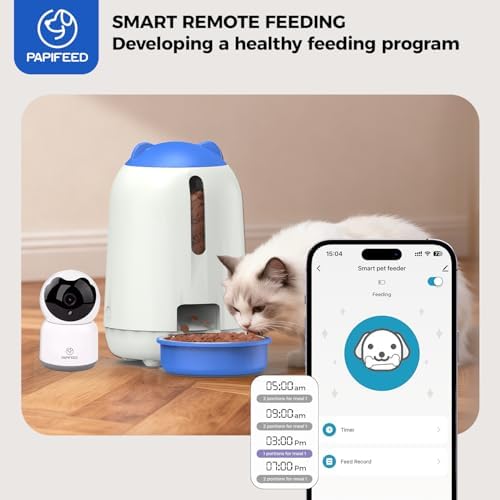 PAPIFEED 2-in-1 Automatic Cat Feeder and Pet Camera Combo, 1080P HD & 360°Pan-Tilt, 3L Cat Food Dispenser with App, 2.4G WiFi Timed Cat Feeder for Dry Food, Automatic Cat Feeder with Camera