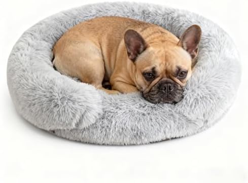 Calming Dog & Cat Beds with Orthopedic Egg-Crate Foam Raised Rim, Soft Fluffy Faux Fur Pet Bed for Small Medium Dogs, Anxiety Relief Spine Support, Machine Washable (Round, Pale Grey 20")