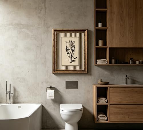 Vintage Gold Framed Cowgirl Bathroom Wall Art, Western Cowgirl Reading Newspaper on The Toilet Canvas Print, Cowboy Boots Stripe Picture Wall Decor, Rustic Farmhouse Poster Artwork for Restroom