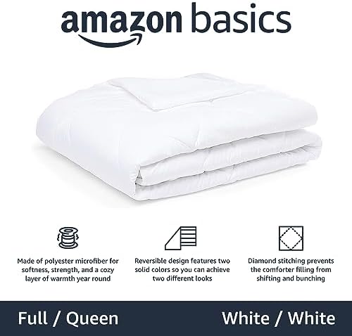 Amazon Basics Reversible Lightweight Microfiber All Season Comforter Blanket, Full/Queen, White
