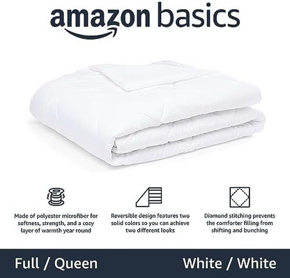 Amazon Basics Reversible Lightweight Microfiber All Season Comforter Blanket, Full/Queen, White