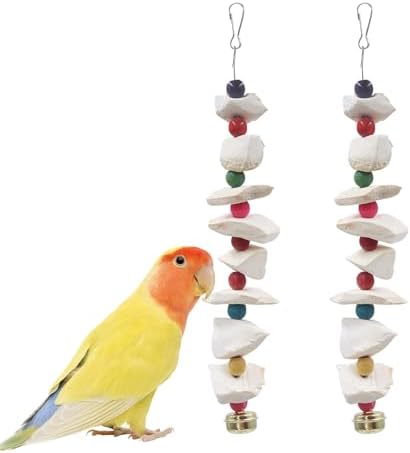 2 Pack Bird Toys with Cuttlebone, Parakeet Toys, Bird Beak Grinding Stone, Cage Accessories for Parakeets, Cuttlefish Bone for Budgies, Cockatiels, Lovebirds, Green Cheeks, Small to Medium Birds