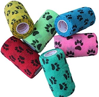 3 Inch Vet Wrap Tape Bulk (Assorted Paw Prints) (Pack of 6) Self Adhesive Adherent Adhering Flex Bandage Grip Roll Dog Cat