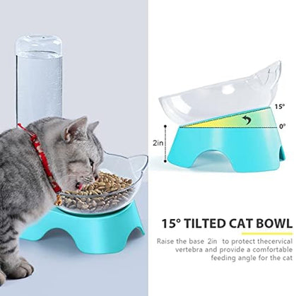 MILIFUN Double Dog Cat Bowls - Pets Water and Food Bowl Set, 15°Tilted Water and Food Bowl Set with Automatic Waterer Bottle for Small or Medium Size Dogs Cats