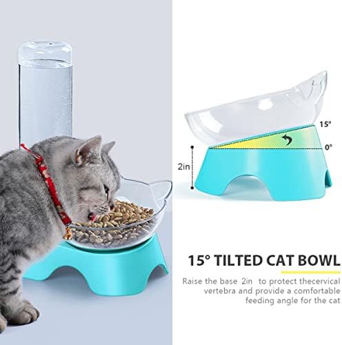 MILIFUN Double Dog Cat Bowls - Pets Water and Food Bowl Set, 15°Tilted Water and Food Bowl Set with Automatic Waterer Bottle for Small or Medium Size Dogs Cats