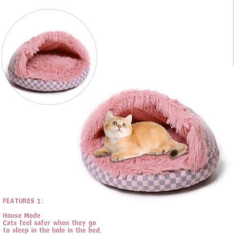 Cat Bed Hooded Plush Nest with Self-Warming Cozy Cave, Calming Anti-Anxiety Pet Bed for Indoor Cats & Small Dogs, Removable Washable Cover & Waterproof Bottom - Pink