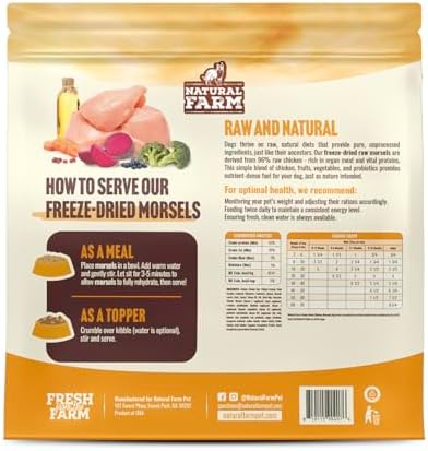 Natural Farm Freeze-Dried Chicken Morsels for Dogs – 96% Raw Chicken & Organs, Complete Meal or Food Topper, Grain-Free, Gluten-Free, Probiotics for Digestion, All Life Stages – 18oz Bag