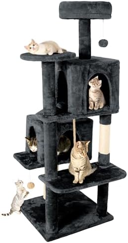 59in Large Cat Tree Tower for Indoor Cats with Soft Plush Hang Ball, Two Condos, Sisal Scratch Posts & Rope Play for Kittens/Adult Cats, Dark Grey