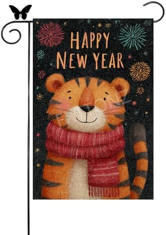Happy New Year Garden Flag 12x18 Double Sided Vertical Linen Small Fireworks Tiger House Flag Welcome Holiday Winter House Outdoor Outside Decorations (27169)