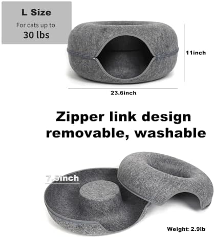 Large Cat Tunnel Bed for Indoor Cats with 3 Toys, Scratch Resistant Donut Cat Bed, Up to 30 Lbs (L 24x24x11, Dark Grey)