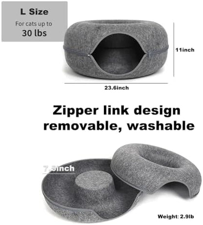 Large Cat Tunnel Bed for Indoor Cats with 3 Toys, Scratch Resistant Donut Cat Bed, Up to 30 Lbs (L 24x24x11, Dark Grey)