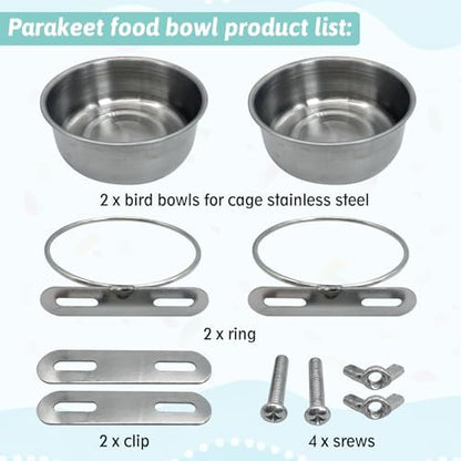 PINVNBY Stainless Steel Bird Bowl Parrot Food Water Bowls with Clamp Holder Bird Feeder Dish Cups Crate Bowls for Cockatiel Pigeons Conure Budgies African Greys (2PCS Screw Size: L)