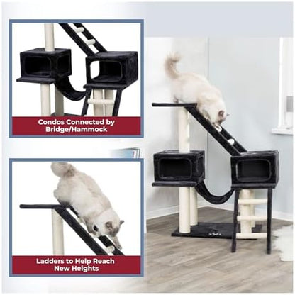 TRIXIE Malaga Cat Tower – Cat Tree with Extra-Thick Sisal Posts, Caves, Platforms & Hammock – Durable Cat Furniture for Indoor Cats – Gray, 18" x 28" x 43"