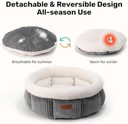 FUKUMARU Corduroy Round Cat Dog Bed, Anti-Anxiety & Washable