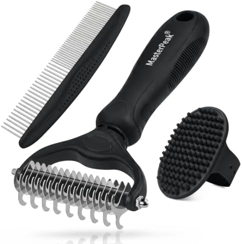 3-in-1 Pet Grooming Kit Rake Metal Comb & Bath Brush Black