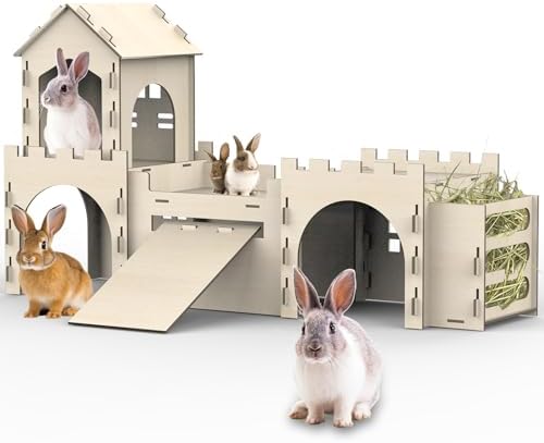 Large Bunny House and Hideouts, Wooden Dual-Layer Rabbit Castle with 4 House Indoor, Sturdy Habitat for Guinea Pig Chinchilla Ferret (Extra Large-4 House with Hay Feeder)