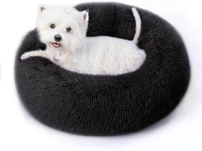 Calming Round Dog Bed & Cat Bed with Anti-Slip Bottom, Medium Size Washable Anti-Anxiety Donut Dog Beds for Small Dogs & Cats, Fluffy Plush Soft Dog Bed(24 Inch, Black)