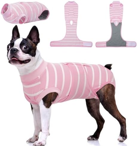 Kuoser Dog Surgery Recovery Suit, Soft Breathable Dog Recovery Suit for Female Spay Male Nueuter, Anti Licking Puppy Onesie Pet Surgical Suit for Dogs Abdominal Wounds Skin Disease, Pink Strips L