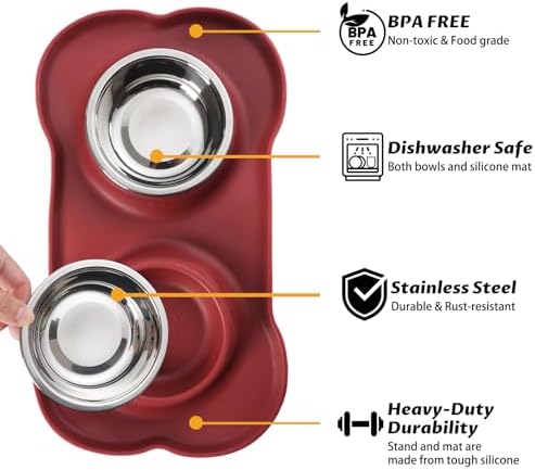 Hubulk Pet Dog Bowls 2 Stainless Steel Dog Bowl with No Spill Non-Skid Silicone Mat + Pet Food Scoop Water and Food Feeder Bowls for Feeding Small Medium Large Dogs Cats Puppies (Burgundy, Small)