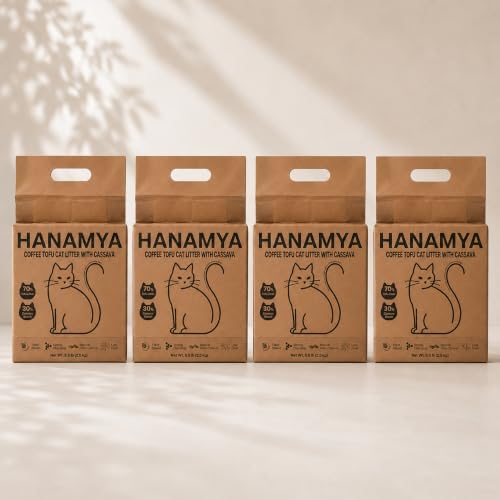 HANAMYA Tofu & Cassava Cat Litter with Recycled Coffee Grounds, Natural Odor Control, Low Dust & Strong Clumping, 5.5 lb, 4 PK