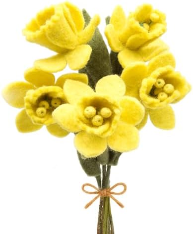 Glaciart One Felt Daffodil Artificial Flowers Bouquet - 5 pcs | Reusable, Washable and Essential Oil Ready Artificial Flowers w/Bendable Wire Stem | Great Gift or Home/Event Decorations