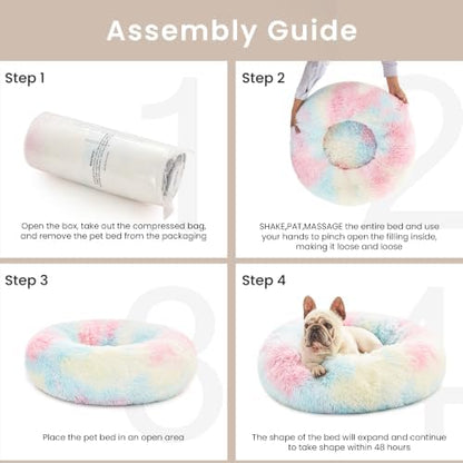 Love's cabin Calming Cat Bed for Indoor Cats, Anti-Anxiety Donut Round Dog Bed,Fluffy Faux Fur Washable Pet Bed for Small Medium Dogs and Cats, Rainbow, 24in